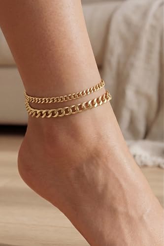 Tewiky Chunky Ankle Bracelets for Women,Dainty Layered Waterproof Anklet for Women Adjustable Cuban Set Stackable Cute Summer Beach Jewelry Gift - color: gold