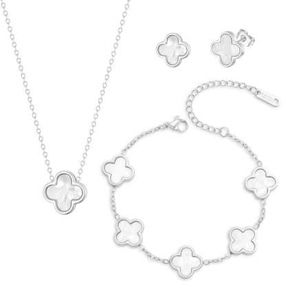 Clover Necklace Bracelet and Stud Earrings Jewelry Sets for Women | 18K Gold Plated Stainless Steel, Black/White Four Leaf Clover set,Christmas Birthday Lucky Gifts for Mom Wife Girlfriend - color: Silver White 3PCS