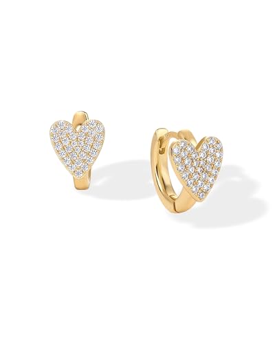 PAVOI 14K Gold Plated 925 Sterling Silver Posts Small Huggie Hoop Earrings for Women - Trendy Celestial North Star, Butterfly, Heart Hoop Earrings - Cubic Zirconia Cute Gold Motif Jewelry - Valentines Day Trendy Jewelry - style: Heart