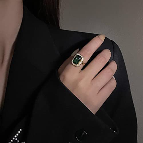 Green Gemstone Statement Ring Women's Classical Engagement Crystal Wedding Party Open Rings Cubic Zirconia Adjustable Finger Gold-Tone Plated for Women Mom Valentine's Day Anniversary Jewelry Gift