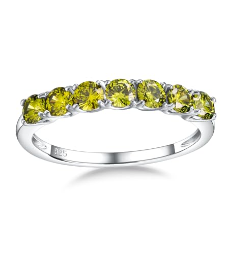 Birthstone Wedding Band Eternity Rings 925 Sterling Silver Rings Stackable Anniversary Engagement Rings Cubic Zirconia Inlaid Created Garnet/Amethyst/Sapphire Ring 7 Stone Ring, Size 6 to 10 - color: Peridot