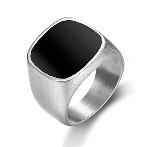 Men's Stainless Steel Square Biker Signet Ring, Black Silver Gold Styles | plain flat top, polished and brushed finish options, chunky profile, pinky or thumb styling, gift-ready for dad or him - color: Silver w/ Enamel Top