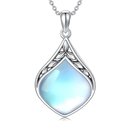 HPQQ Teardrop Necklace 925 Sterling Silver Vintage Natural Gemstone Pendant Jewelry Birthday Mothers Day Gifts for Women Mom - color: Moonstone