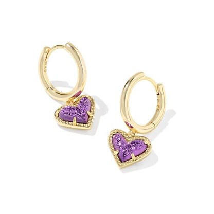 Kendra Scott Ari Heart Huggie Earrings for Women, Fashion Jewelry - color: GOLD - PURPLE DRUSY