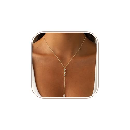 Lariat Gold Necklace for Women Dainty Long Necklaces 14k Gold Plated CZ Y Drop Chain Necklace Trendy Gold Jewelry Gifts - color: 3 Zircon Pendants-Y Necklace-gold-260