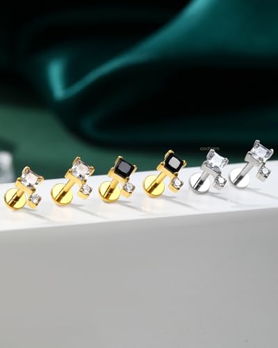 COCHARM 16G Threadless Labret Stud Earrings Flat Back Helix, Tragus, Cartilage,Conch Piercing Jewelry Square CZ Push Pin Lobe Stud 6mm 8mm 316L Steel Silver, Gold - color: Black, size: 1.2x8mm