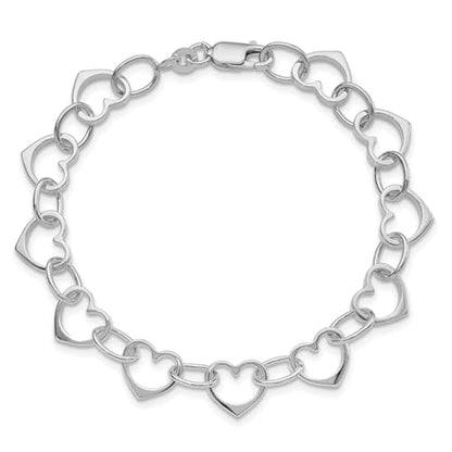 Diamond2Deal Sterling Silver Rhodium-plated Heart Link Chain Bracelet 7"