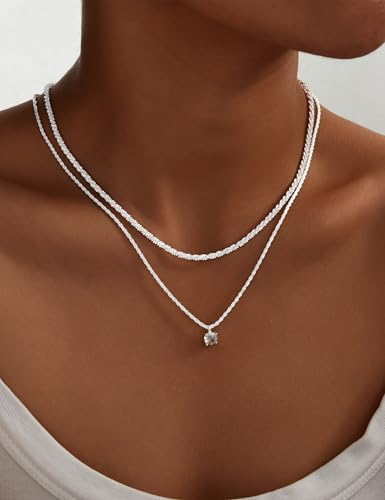 YEEZII Layered Gold Necklaces for Women Trendy, 3 Pcs 14K Gold Plated Choker Paperclip Box Chain Necklace, Stackable Women's Gold Pendant Necklaces Jewelry Set - color: Silver-A
