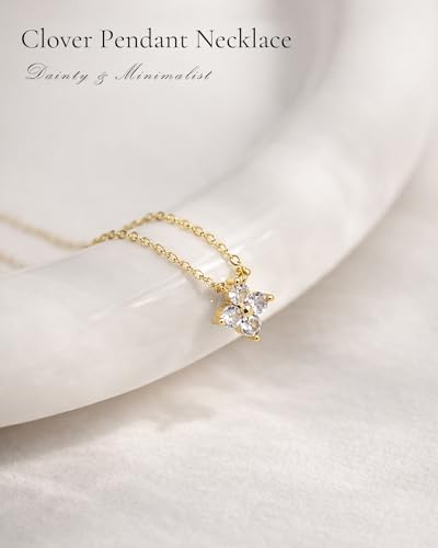 Calimt Dainty Clover Birthstone Gold Necklace for Women CZ 14K Gold Plated | Non Tarnish,Diamond Pendant Necklace,Trendy adjustable necklace,stack CZ Necklace, Bridesmaid Birthday prom Christmas Gift - color: White