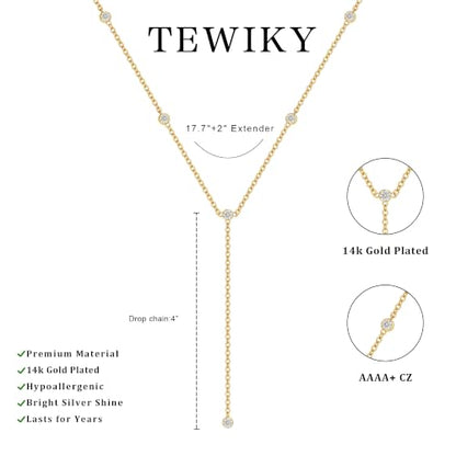 Tewiky Dainty Diamond Lariat Necklace for Women, Long Y Necklace | 14K Gold/Sterling Silver Plated Non Tarnish Necklace, Waterproof Drop Chain for Prom Wedding,Beach Summer Body Chian,Jewelry - color: Gold