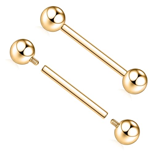 AROWRO Nipple Piercing Jewelry G23 Titanium Nipple Rings Tongue Rings Nipple Bar 14G Internally Threaded Straight Barbells Bridge Piercing Jewelry 12mm-20mm - color: Gold