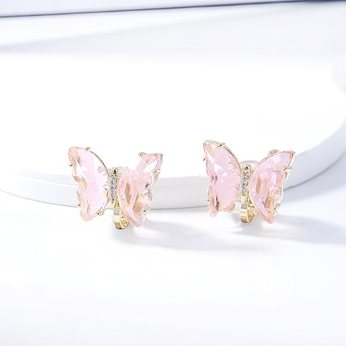 YOQUCOL Butterfly Shape Crystal Clip On Earrings Non Pierced Golden Stud for Women - color: Pink