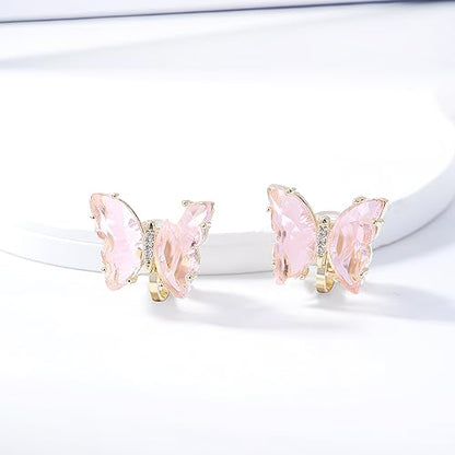 YOQUCOL Butterfly Shape Crystal Clip On Earrings Non Pierced Golden Stud for Women - color: Pink