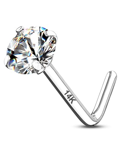 14K Real Gold Nose Studs 20G Nose Rings Studs L Shaped Nose Rings for Women Men Diamond CZ Nose Piercing - color: White Gold-Round CLCZ