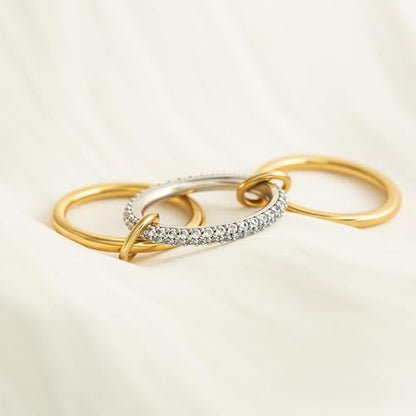 BKC Gold Stackable Rings for Women, 14k Gold Plated Chunky Statement Cubic Zirconia Rings, Silver Gold Multi Ring Interlocking Mixed Metals Stack Rings Set Non Tarnish - color: Modernist set, size: 7