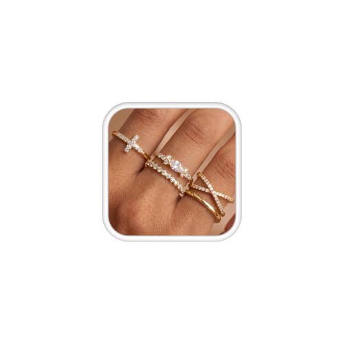Sllaiss Stackable Gold Rings for Women Non-Tarnish 14K Gold Plated Ring Set | Non Tarnish, Dainty Stacking Ring Set, Ring Stack, Cubic Zirconia Thumb Rings, Promise Wedding Bands, Stackable Rings - color: 14K Gold Plated