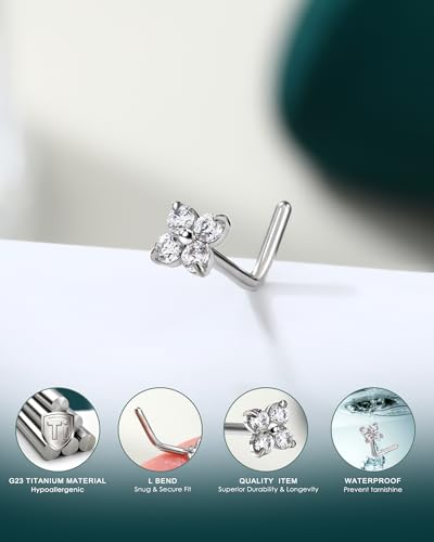 COCHARM Minimalist Titanium Nose Stud, 20g L Shape Flower Nose Ring Stud Cute G23 Titanium Surgical Steel Silver Nostril Piercing with Clear CZ Hypoallergenic - style: FourCZ-Silver
