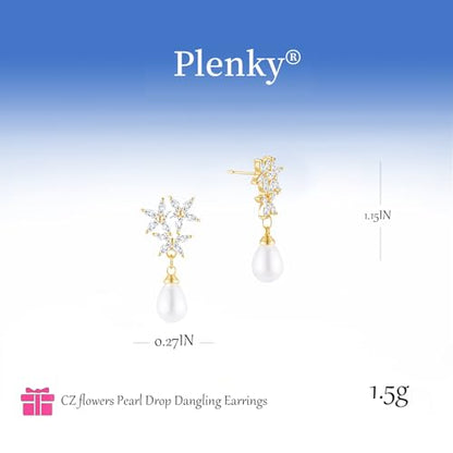 Plenky Pearl Earrings-14K Gold Plated Dainty Pearl Drop Simple Wedding CZ Dangle Dangling Cute Stud Earrings for Brides Earrings for Women Gifts - style: CZ flowers Pearl Earrings