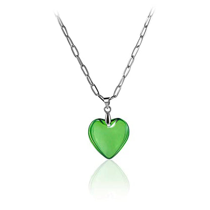 Yocoyee Dainty Colorful Glass Heart Shape Pendant Necklace Stainless Steel Link Rope Chian Love Heart Charms Pendant Necklace Y2K Trendy Jewelry Accessories for Women Jewelry - color: Green