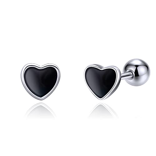 JSGEMSLEE Hypoallergenic 925 Sterling Silver Stud Earrings for Women With Screw Back Small Butterfly Heart Flower Earrings for Girls Tragus Cartilage Jewelry Gifts - color: Black Heart