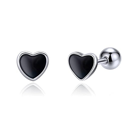 JSGEMSLEE Hypoallergenic 925 Sterling Silver Stud Earrings for Women With Screw Back Small Butterfly Heart Flower Earrings for Girls Tragus Cartilage Jewelry Gifts - color: Black Heart