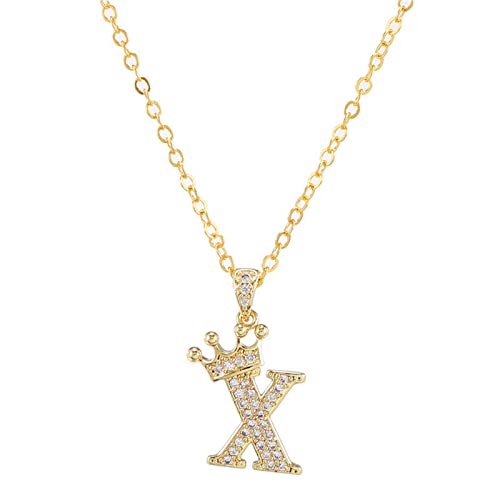Pingyongchang Letter A-Z pendant necklace Crown letter pendant Charming initials chain necklace, inlaid crystal letter necklace - color: crown-X