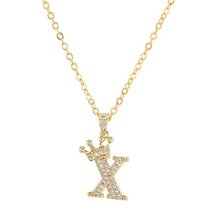 Pingyongchang Letter A-Z pendant necklace Crown letter pendant Charming initials chain necklace, inlaid crystal letter necklace - color: crown-X