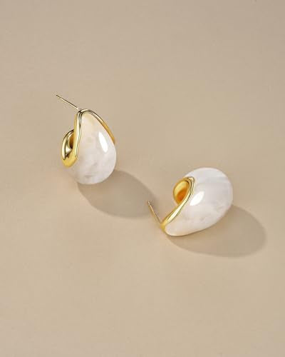 SNGIA Oval C Shape Chunky Dangle 18K Gold Plated Hoops with Colored Resin Gemstone Statement Earrings for Women by SNGIA, (Green, Brown, Blue, Pink, White, Cream), Long Bold Drop Handmade Exaggerated Irregular Trendy Bohemian Jewelry Gifts, Unique Danglin