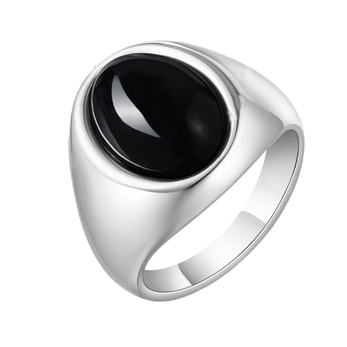 HIJONES Unisex Stainless Steel Oval Agate Gemstone Inlaid Silver Plated Signet Ring Solid Glossy Wedding Band - color: Black Stone