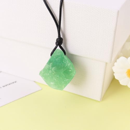 FANASY Natural Raw Crystal Necklace for Women Irregular Stone Necklaces Spiritual Gemstone Pendant with Adjustable Rope - color: Fluorite