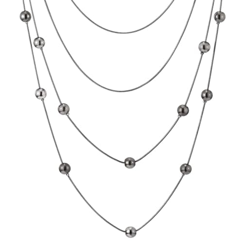 COOLSTEELANDBEYOND Statement Necklace Waterfall Multi-Strand Layered Long Chains with Ball Charm Pendant - color: B-Color: Grey Black