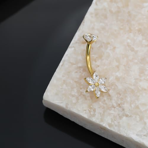 XUU Titanium Belly Button Rings 14G, Implant-Grade Navel Piercing, Luxury CZ Shape with Flower Butterfly, Hypoallergenic Curved Barbell Jewelry for Women, Gold or Silver - style: Flower-Gold