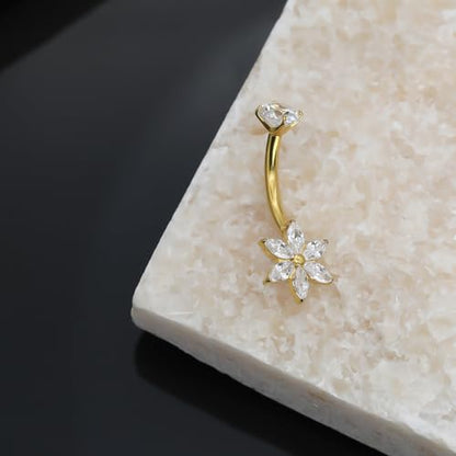 XUU Titanium Belly Button Rings 14G, Implant-Grade Navel Piercing, Luxury CZ Shape with Flower Butterfly, Hypoallergenic Curved Barbell Jewelry for Women, Gold or Silver - style: Flower-Gold