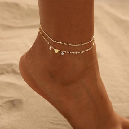 Ankle Bracelets for Women 14K Gold/Silver Plated Cross Heart Bead Anklet Waterproof Adjustable Chain Non Tarnish Cute Boho Trendy Dainty Summer Beach Foot Jewelry Gift for Her - style: 2 Layered Bead&Heart-GD