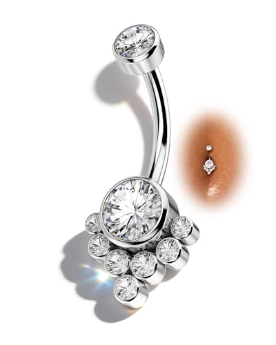 G23 Solid Titanium Belly Button Rings for Women Bezel Cluster 14G Implat-Grade Hypoallergenic Navel Rings Cute 14g Belly Rings - color: C-Clear CZ