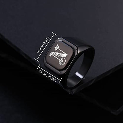 Initial Ring Letter Signet Ring for Men Women Personalized Name Engraved Stainless Steel Fashion Jewelry Wedding Couples Father Day Gift with Ring Size Adjusters - color: B1: Black (Initial Royal)