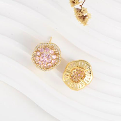 Crystal Flower Burst Stud Earirings - Big Sterling Silver CZ Cubic Zirconia Rhinestone Daisy Sunflower Floral Cluster Studs Bridal Wedding Party Prom Costume Jewelry for Bride Bridesmaids Women Birthstone Birthday Gift - color: Baby Pink