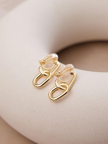 FAN&LOUIS 24K Gold Plated Clip On Earrings for Women, Gold Chain Link Drop Dangle Double Hoops Hypoallergenic Trendy Lightweight Clip-On Earrings for Non-Pierced Ears - style: Gold and Silver