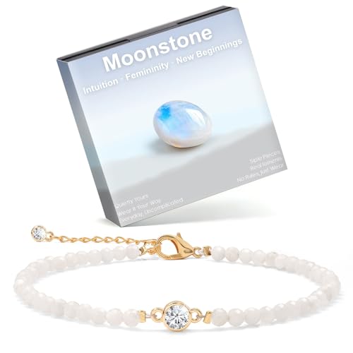 Raicegs Anklets for Women Handmade Beach Boho Ankle Bracelet 3mm Natural Stone Beaded Ankle Bracelet 14K Gold Plated Zircon Pendant Adjustable Crystal Gemstone Anklet Jewelry Gift for Her - color: Moonstone