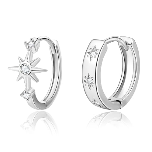 DAILY VIBES Dainty Small Star Huggie Hoop Earrings for Women Trendy | 925 Sterling Silver Post, 14K Gold or Silver Plated, Mini Cubic Zirconia, Cartilage Hoop Earrings - color: Silver Asymmetric Star
