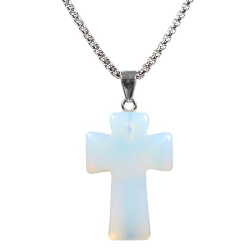 Justinstones 32mm Gemstone Carved Cross Reiki Chakra Pendant With Stainless Steel Necklace 22 Inch - color: Synthetic Opalite