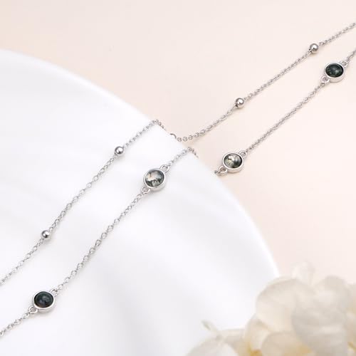 Flyow Anklet for Women S925 Sterling Silver Adjustable Foot Beaded Heart Charm Ankle Bracelet Anklets Jewelry - style: Agate