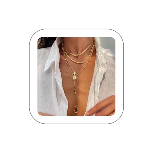Layered Cross Necklace Set for Women, Layered Choker Necklaces Trendy Jewelry, Colorful Enamel Beaded Y-Shaped Lariat Necklace, Boho Multilayer Cross Necklace for Party and Daily Wear - color: Gold-01