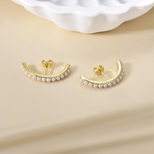 CZ Suspender Cuff Stud Earrings Wrap Earlobe Silver Post Cubic Zirconia Minimalist Jewelry for Women - color: Gold Full Pearl