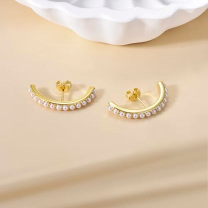 CZ Suspender Cuff Stud Earrings Wrap Earlobe Silver Post Cubic Zirconia Minimalist Jewelry for Women - color: Gold Full Pearl