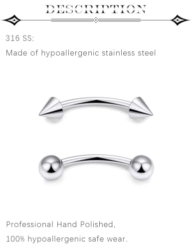 14G Snake Eyes Piercing Jewelry Tongue Curved Barbell Surgical Steel Belly Button Ring Eyebrow Piercing Jewelry Vertical Labret Lip Jewelry for Women Men Bar Length 8mm 10mm 12mm 14mm - color: 8pcs,14g,ball+spike,silvertone