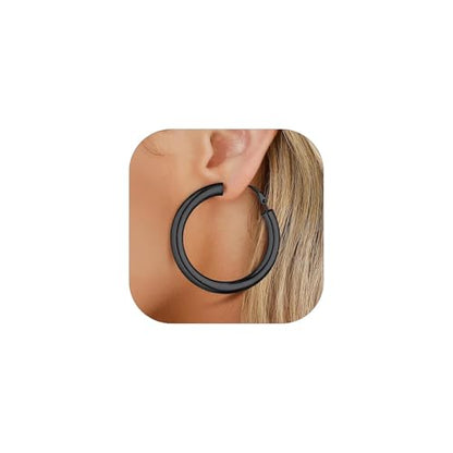 FaithHeart Silver/Black/Gold Stainless Steel Chunky Hoop Earrings for Women | Hypoallergenic Lightweight Hoop Earrings, Trendy Statement Thick Hoop, 20/30/40/50/60/70/80mm - color: Black, size: 50mm