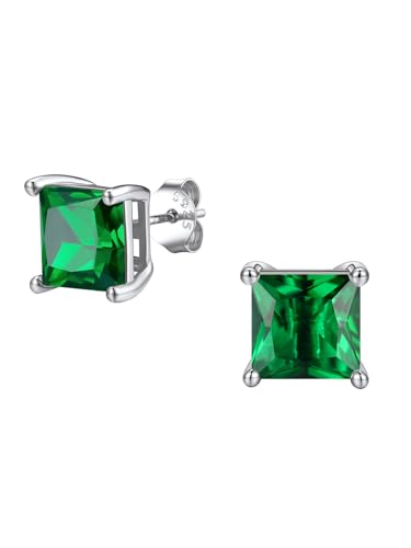 FindChic 2 Carat Birthstone Stud Earrings for Women, Round/Heart/Princess Cut Stud Earrings, Hypoallergenic Studs with 925 Sterling Silver Posts, 12 Months Birthday Jewelry Gift - color: 05. May-Emerald(Princess Cut)
