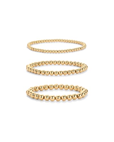 PAVOI 14K Gold Plated Beaded Bracelet Pack for Women | Stainless Steel 3-Piece Stretchy Bracelet Set | Waterproof Ball Trio - color: Yellow Gold, size: 6.5, style: Irregular