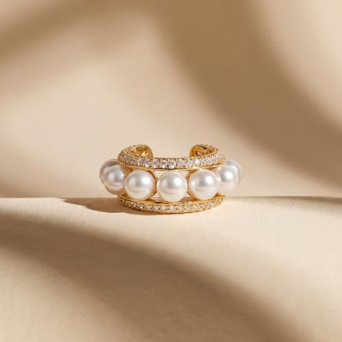 Gold Ear Cuff for Women Non Piercing | Cuff Earrings, 14K Gold Plated, Colorful Cubic Zirconia Pave, Pearl, Clover, Cartilage Earrings Trendy Jewelry, Single - color: White A